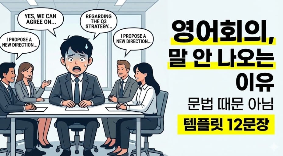 영어회의에서 다른 참석자들은 영어로 활발히 말하는 반면, 혼자 말문이 막혀 땀을 흘리며 당황해하는 직장인 남성의 일러스트와 함께 "영어회의, 말 안 나오는 이유", "문법 때문 아님", "템플릿 12문장"이라는 텍스트가 포함된 유튜브 썸네일 이미지입니다.