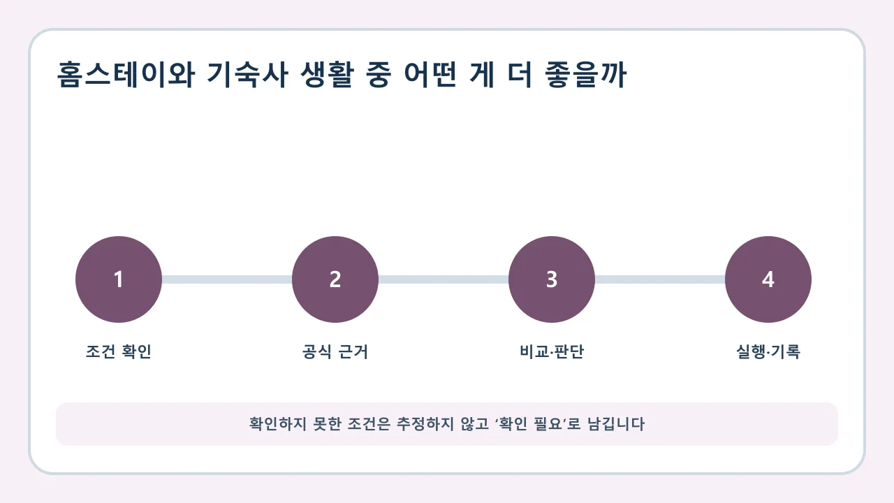 홈스테이와 기숙사 생활 중 어떤 게 더 좋을까 확인·비교·실행·기록 순서