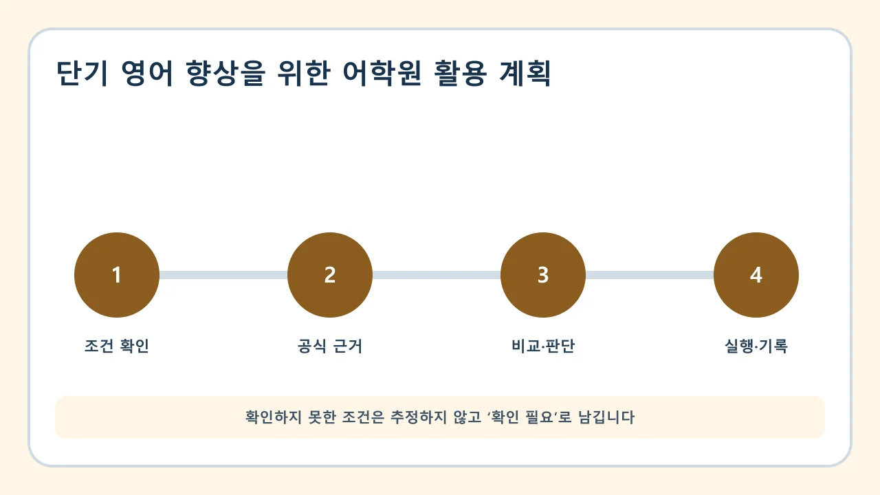 단기 영어 향상을 위한 어학원 활용 계획 확인·비교·실행·기록 순서