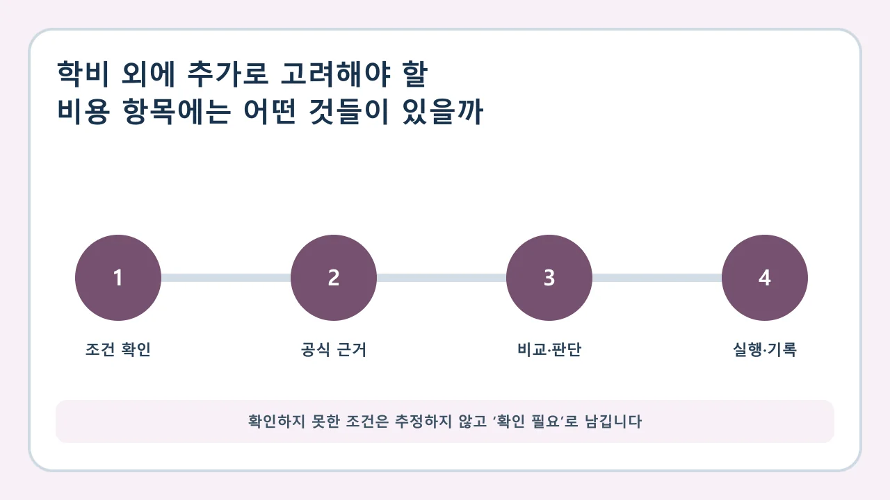 학비 외에 추가로 고려해야 할 비용 항목에는 어떤 것들이 있을까 확인·비교·실행·기록 순서