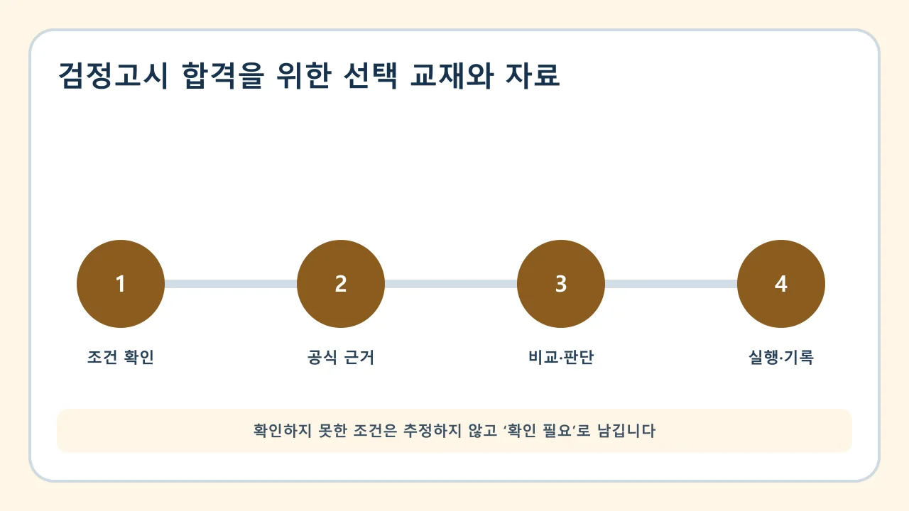 검정고시 합격을 위한 선택 교재와 자료 확인·비교·실행·기록 순서