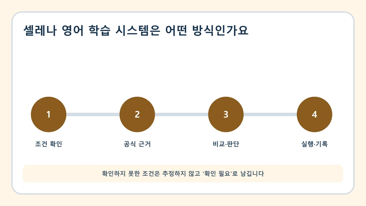 셀레나 영어 학습 시스템은 어떤 방식인가요 확인·비교·실행·기록 순서