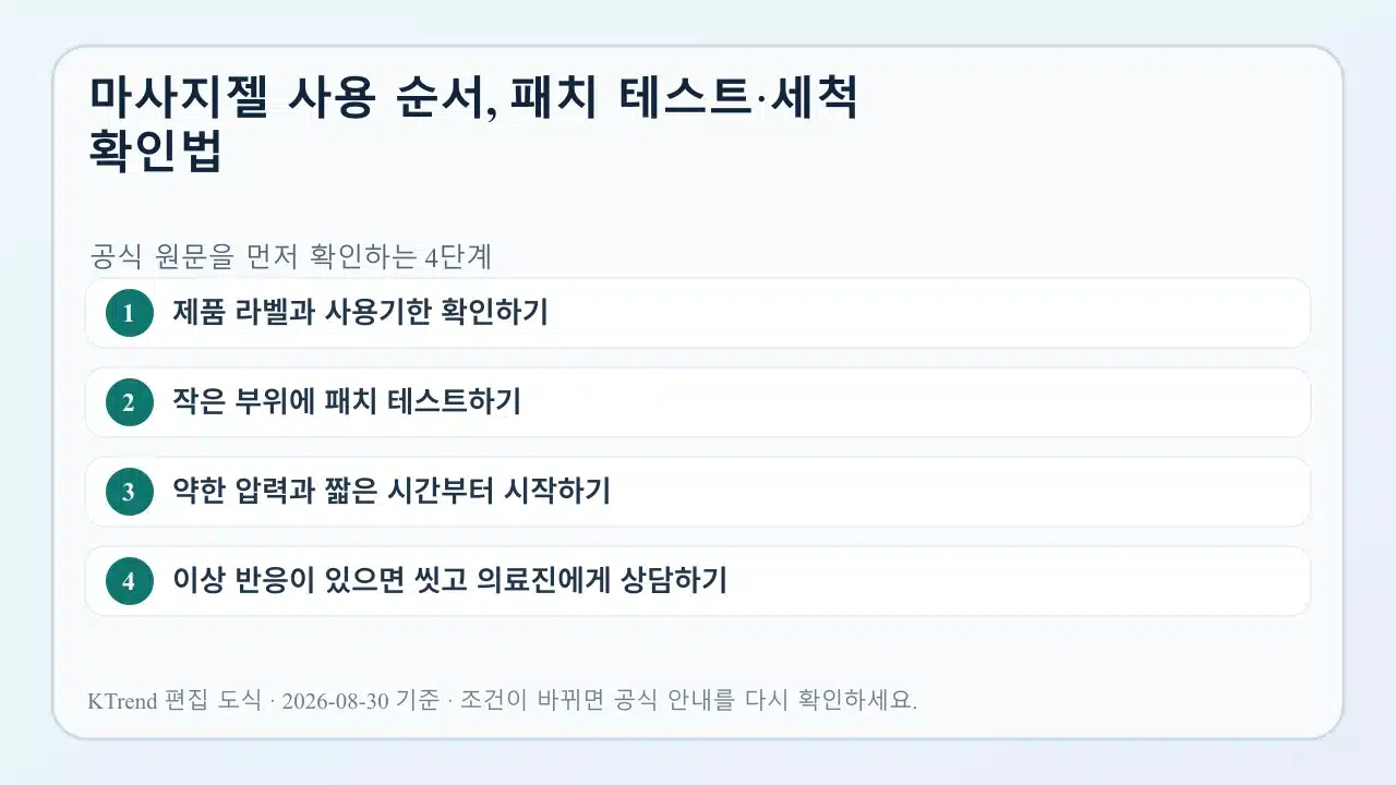 마사지젤 사용 순서, 패치 테스트·세척 확인법 확인 순서