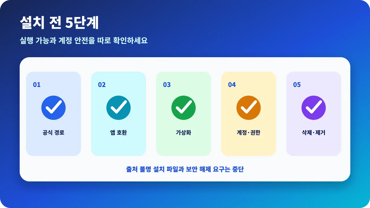 PC에서 Android 앱을 실행할 때 목적, 공식 지원, 가상화, 계정과 삭제를 확인하는 선택 체크리스트