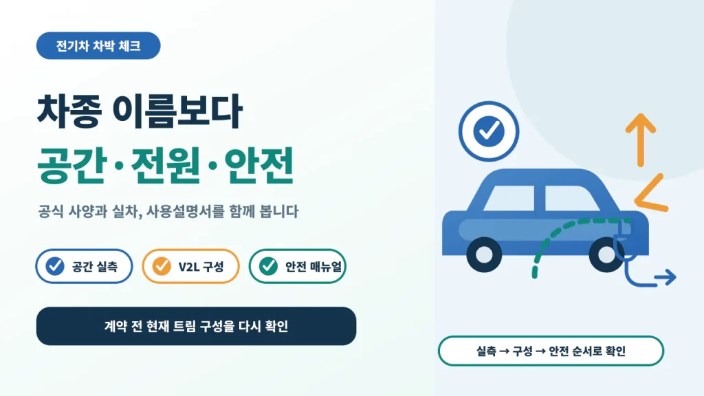 차박 전기차를 특정 모델 서열 대신 공간, V2L 구성, 안전 매뉴얼로 선택하도록 안내하는 대표 이미지