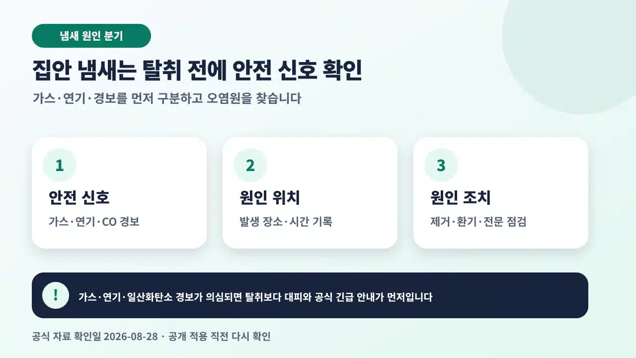 집안 냄새를 위험 신호, 발생 위치와 시간, 원인 제거, 환기와 건조, 재발 점검 순서로 구분한 안내