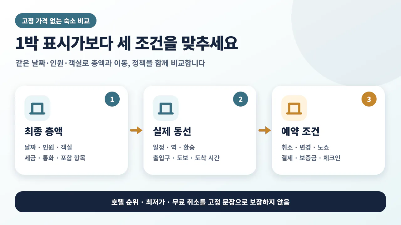방콕 예산 호텔을 최종 총액, 일정 동선, 공식 교통, 취소와 결제 조건 순서로 비교하는 체크 흐름