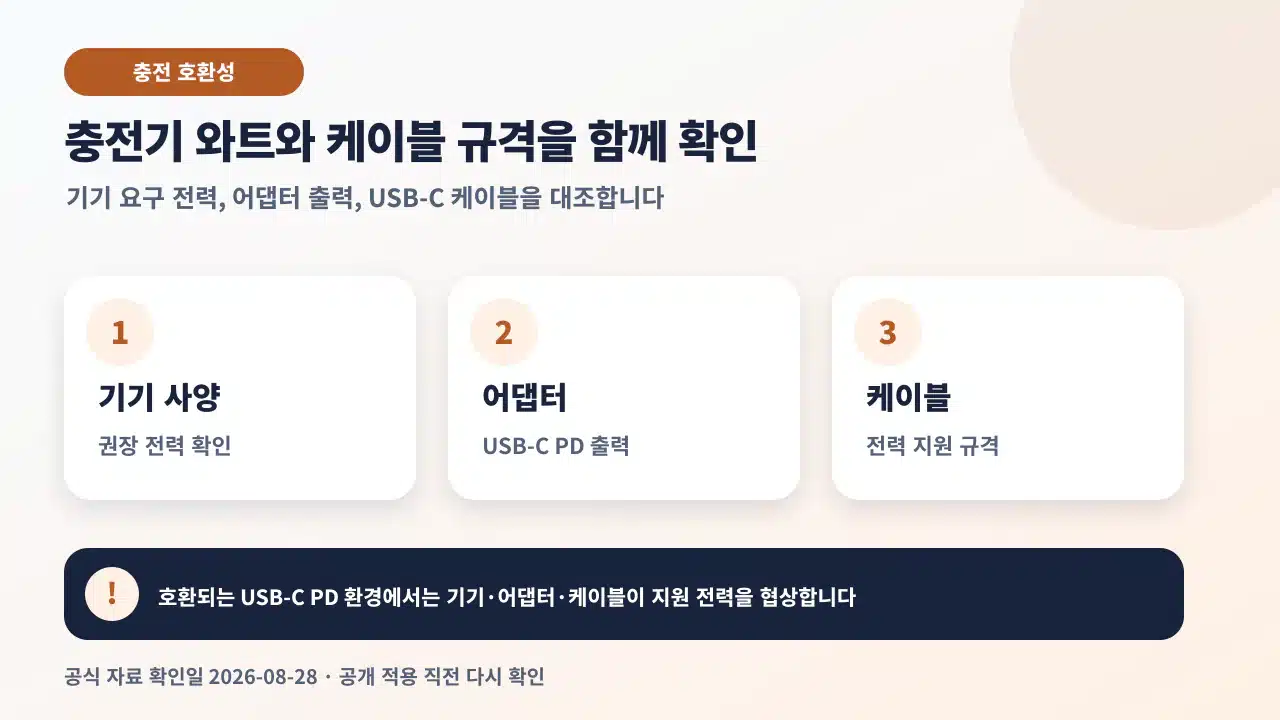 맥북 87W USB-C 충전기 호환성을 Mac 모델, USB PD, 권장 출력, 케이블 순서로 확인하는 안내