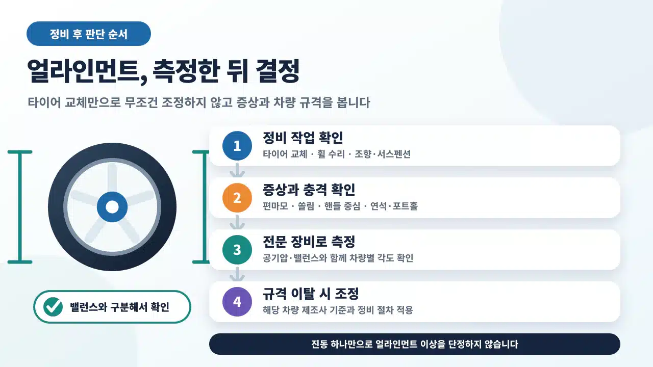 타이어와 휠 정비 후 밸런스 확인, 얼라인먼트 측정, 제조사 규격에 따른 조정을 구분하는 판단 순서