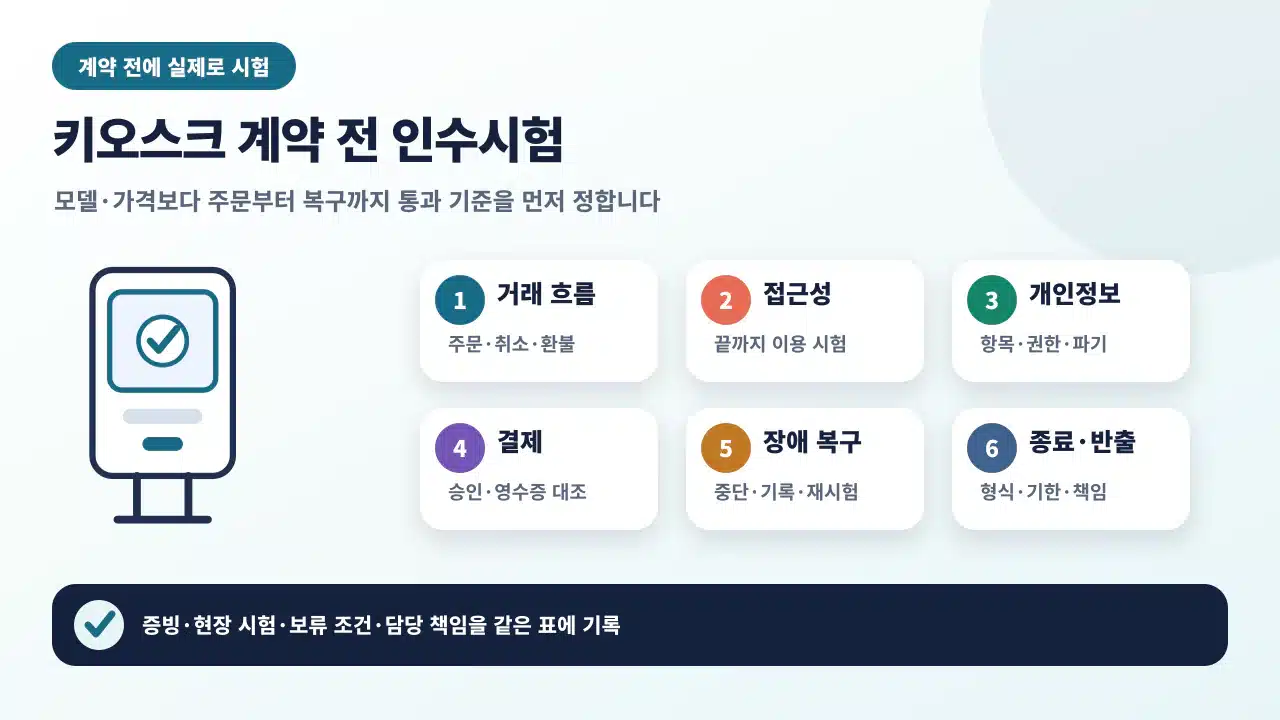 무인 매장 키오스크의 거래 흐름, 접근성, 개인정보, 결제, 장애 복구, 종료와 반출을 확인하는 인수시험 안내