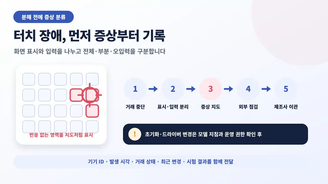 키오스크 터치 장애에서 거래 중단, 표시와 입력 구분, 증상 기록, 외부 점검, 제조사 이관을 안내하는 그림