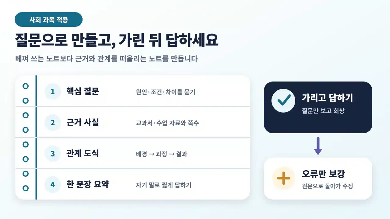 사회 과목 노트를 핵심 질문, 근거 사실, 관계 도식, 책을 덮고 답하기, 오류 보강 순서로 만드는 체크 예시