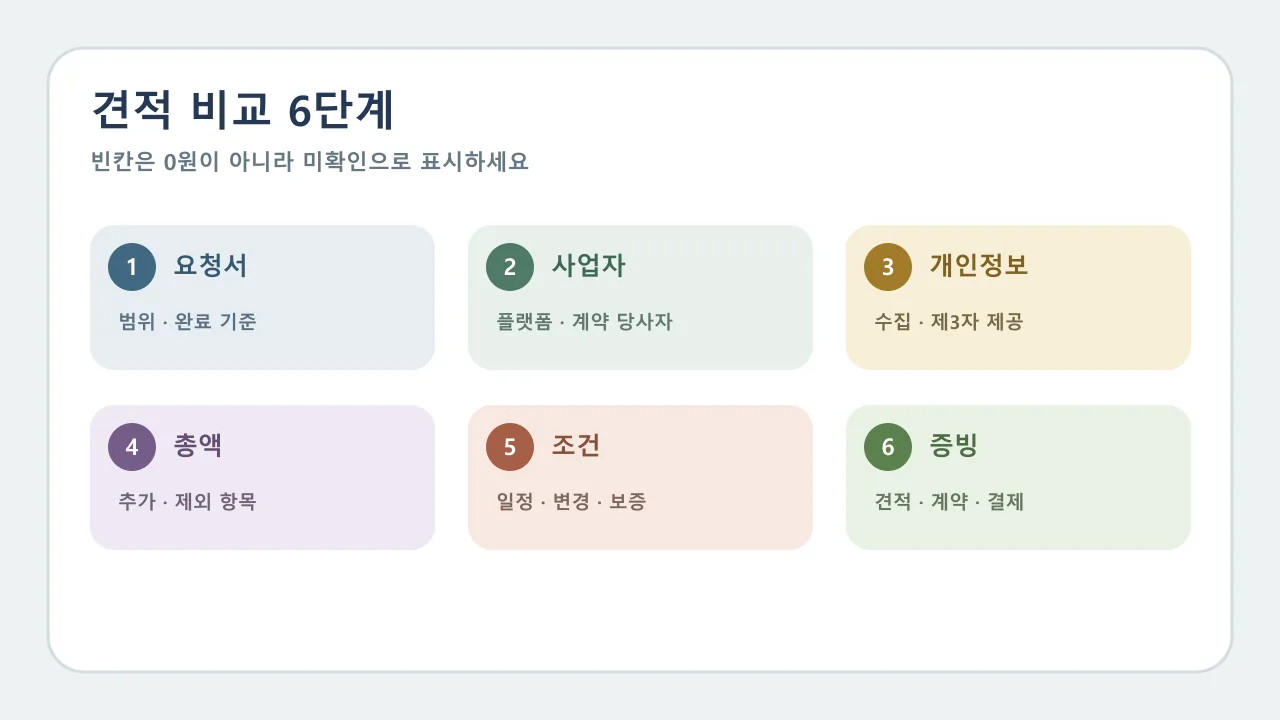 같은 요청서로 견적 범위 추가비용 일정 보증과 개인정보를 비교하는 체크리스트