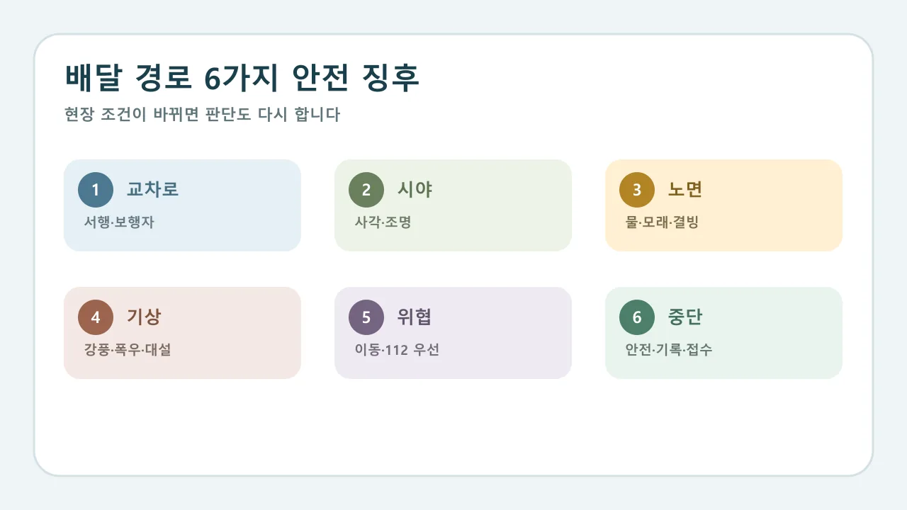 배달 경로의 교차로 보행자 시야 기상 위협 조건을 순서대로 확인하는 안전 체크리스트