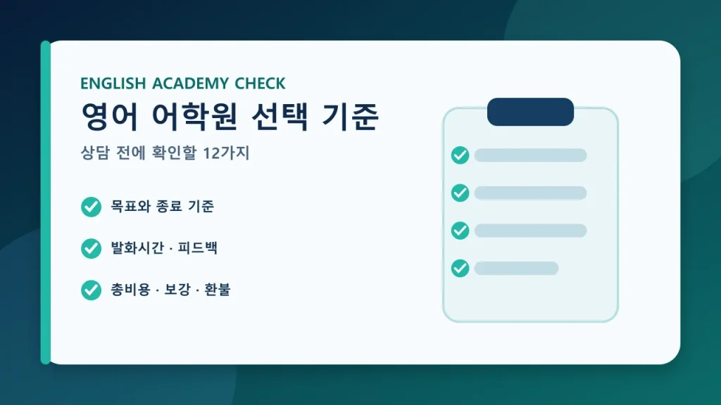 영어 어학원 선택 기준과 상담 전 확인 항목을 보여 주는 대표 이미지