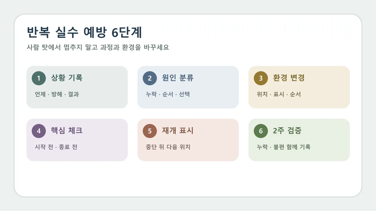 기록 원인 분류 환경 변경 체크리스트 재개 표시 검증의 여섯 단계 반복 실수 예방 흐름