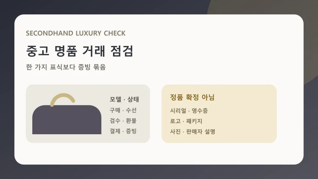 중고 명품을 한 가지 표식이 아닌 증빙 묶음으로 확인하는 대표 이미지