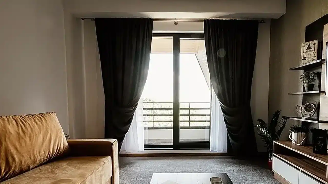 벽과 바닥 색에 맞춘 암막커튼이 창 전체를 단정하게 덮은 거실