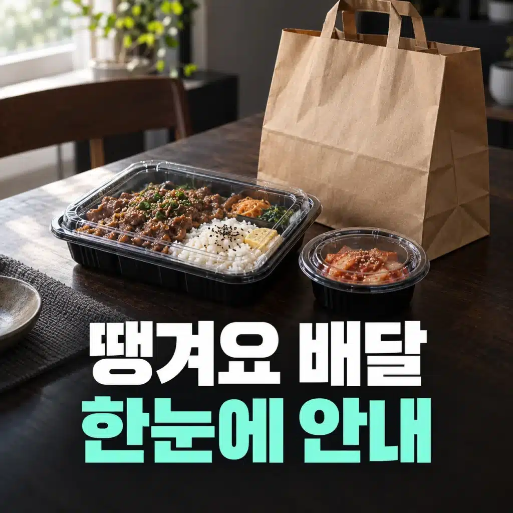 식탁 위에 놓인 포장 음식 용기 두 개와 무지 종이 배달봉투
