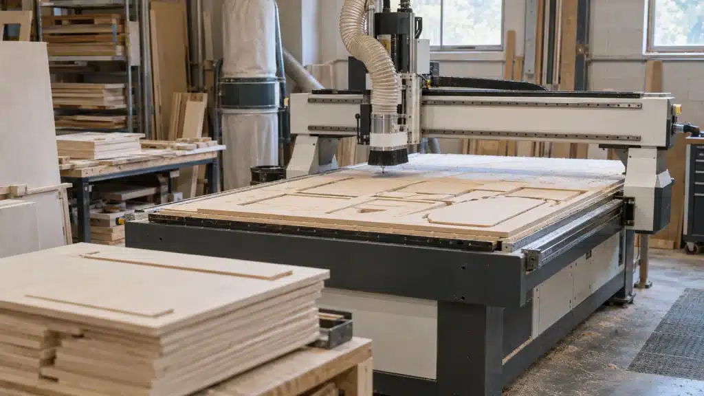목재 가공 작업장의 CNC 라우터와 평판 작업대
