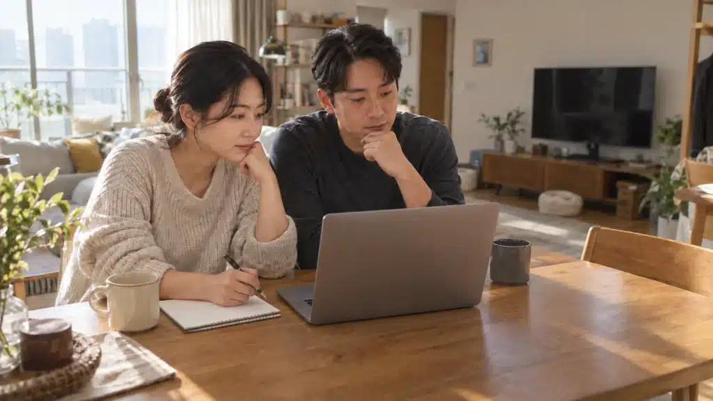 노트북으로 OTT 이용 조건을 비교하는 두 사람