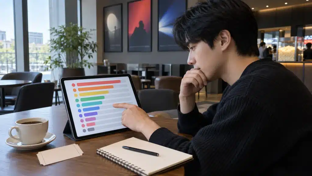 영화관에서 영화 순위 자료를 살펴보는 관객