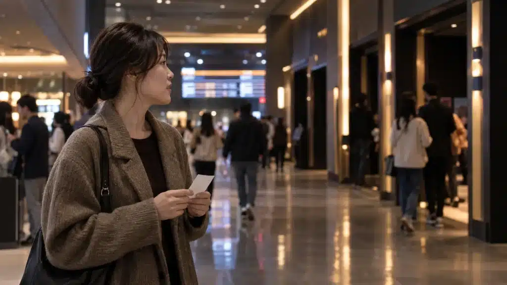 영화관 로비에서 오늘 볼 상영작을 고르는 관객