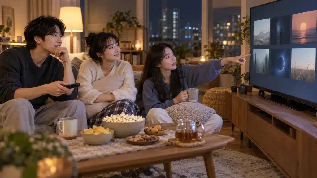거실에서 취향에 맞는 영화를 고르는 친구들