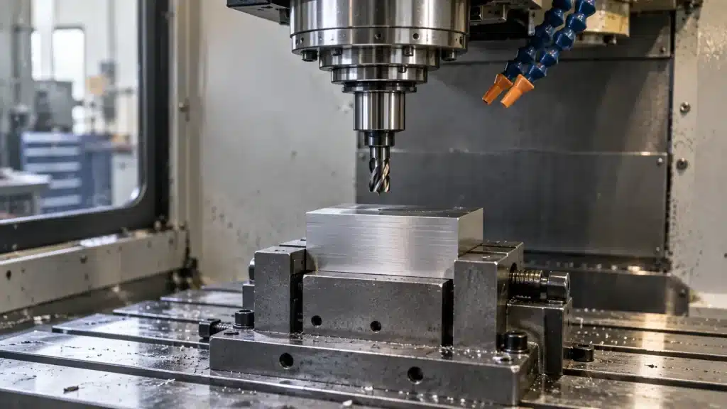 고정된 금속 소재 위의 CNC 공구 상징 사진