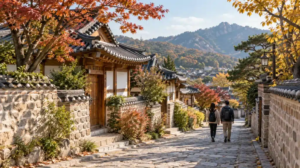 가을 한옥마을 길을 걷는 국내여행객