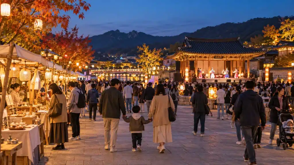 가을 저녁 지역 문화축제 현장을 찾은 가족 여행객