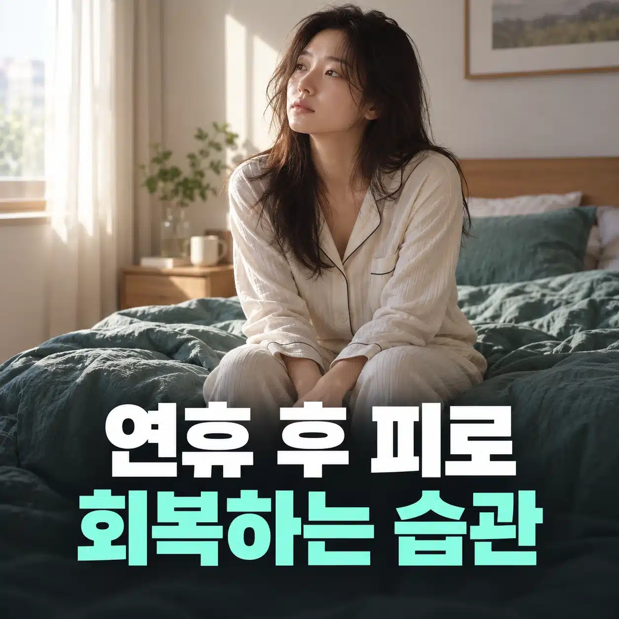 아침 침대에 앉아 쉬는 여성과 연휴 후 피로 회복하는 습관 문구