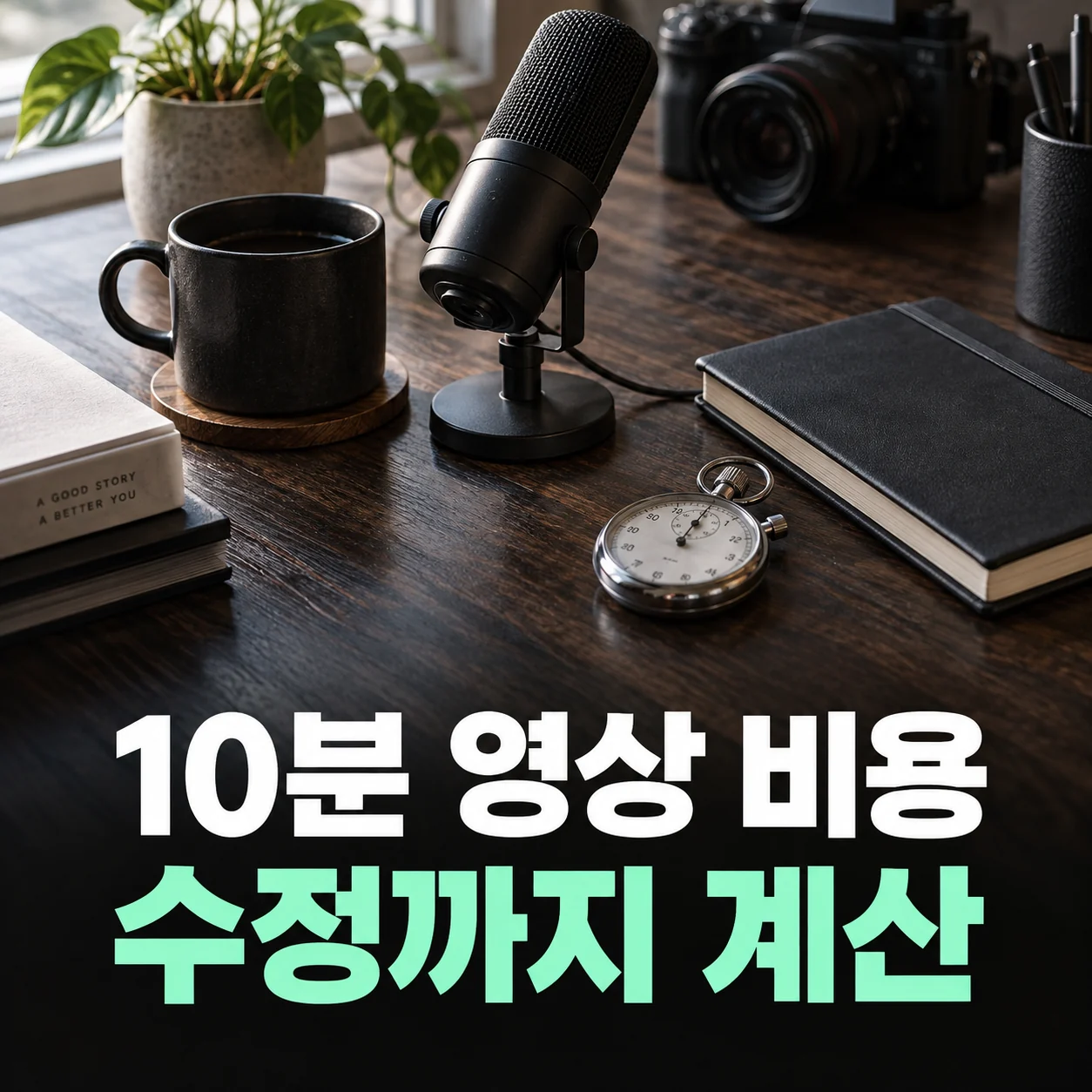 10분 영상 비용 계산을 안내하는 마이크와 타이머