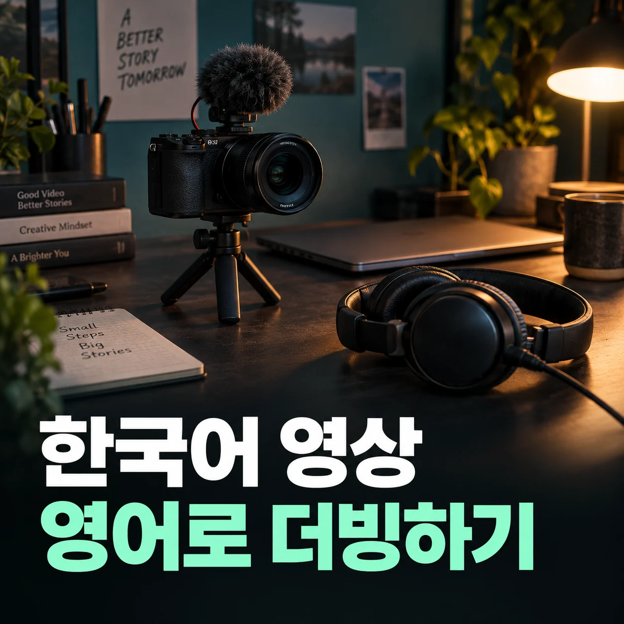 한국어 영상의 영어 더빙을 안내하는 카메라와 헤드폰