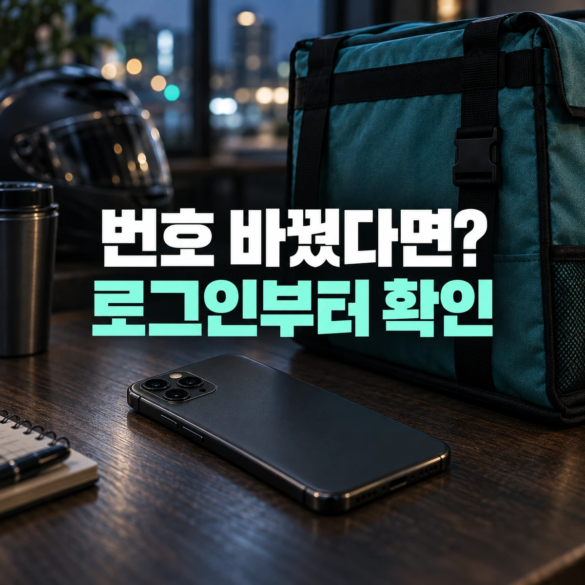 휴대전화와 배달가방으로 표현한 번호 변경 후 로그인 확인