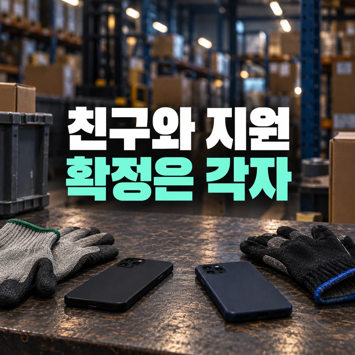 작업 장갑과 두 휴대전화로 표현한 각자의 근무 확정 확인