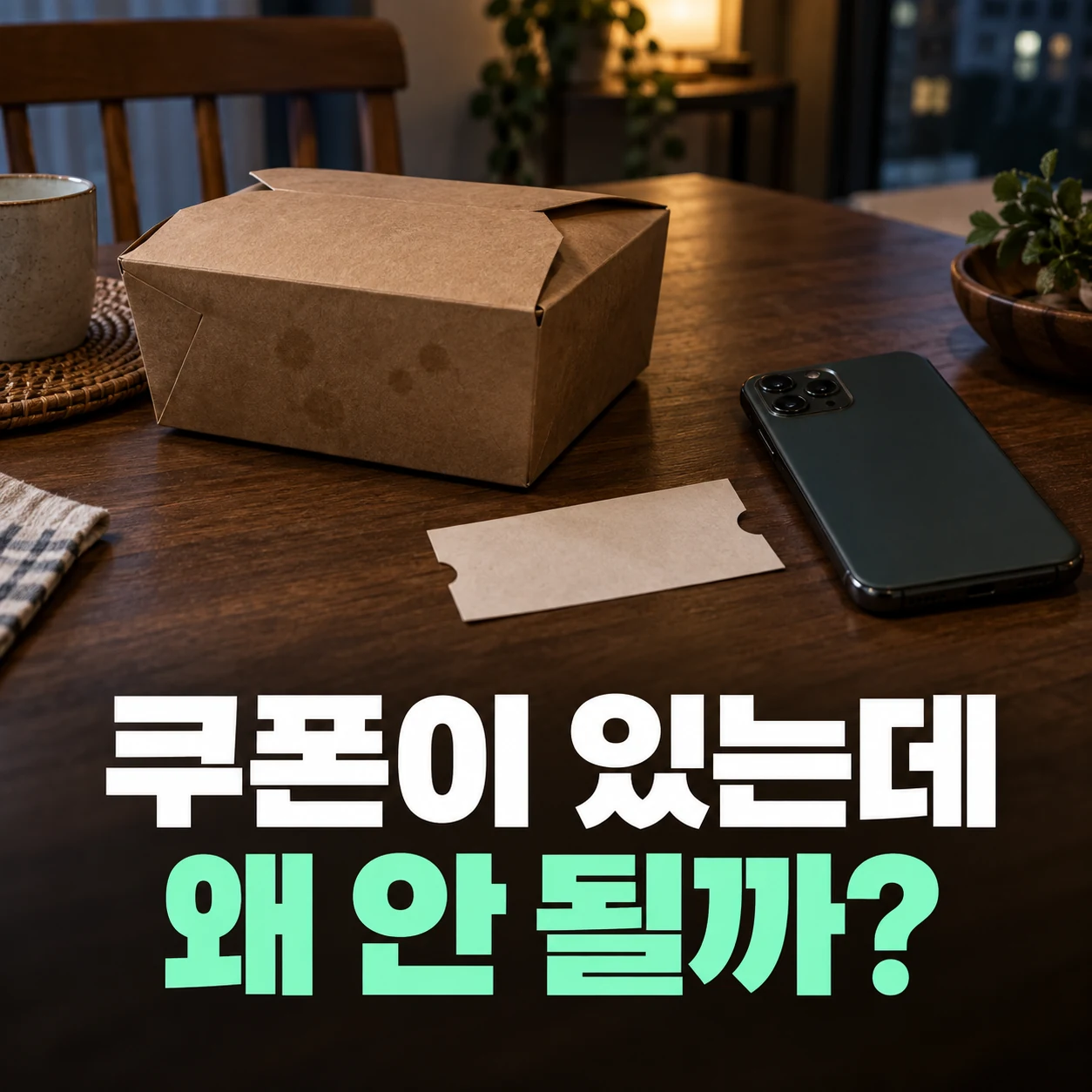포장 상자와 휴대전화로 표현한 쿠폰 적용 조건 점검