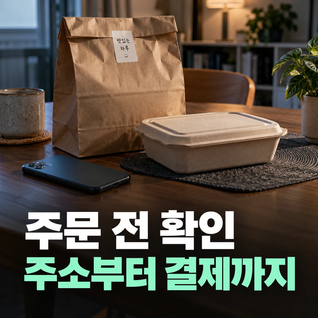 휴대전화와 포장 음식으로 표현한 주소부터 결제까지 주문 확인