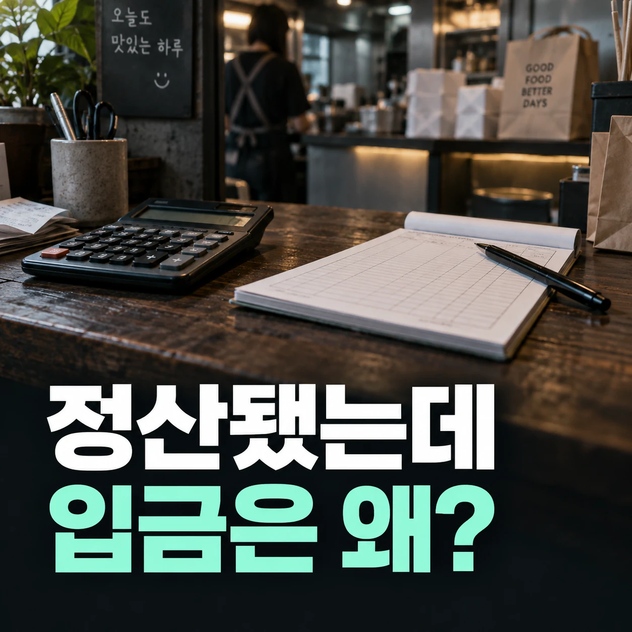 매출 기록과 계산기로 표현한 사장님 정산서와 출금 확인