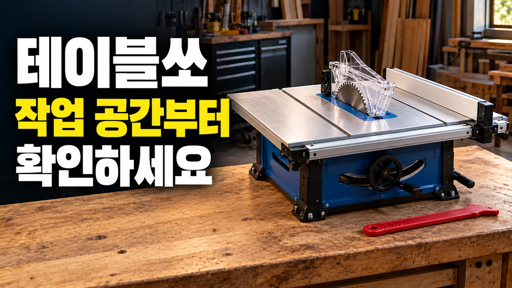 작업대에 놓인 테이블쏘와 보호가드·푸시스틱, 작업 공간을 확인하는 선택 기준