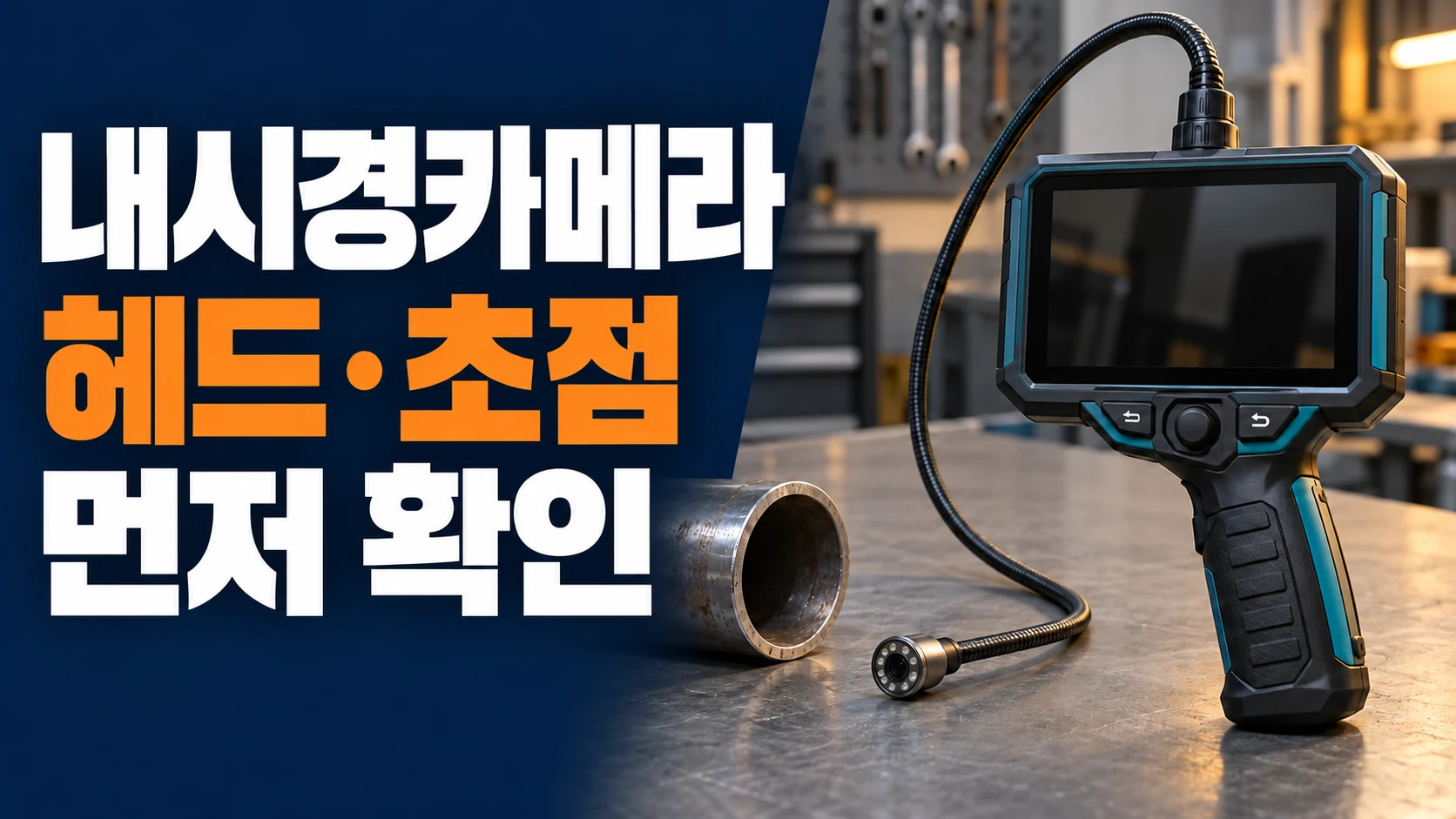 작업대 위 산업용 검사카메라와 케이블 헤드, 헤드·초점 확인 문구