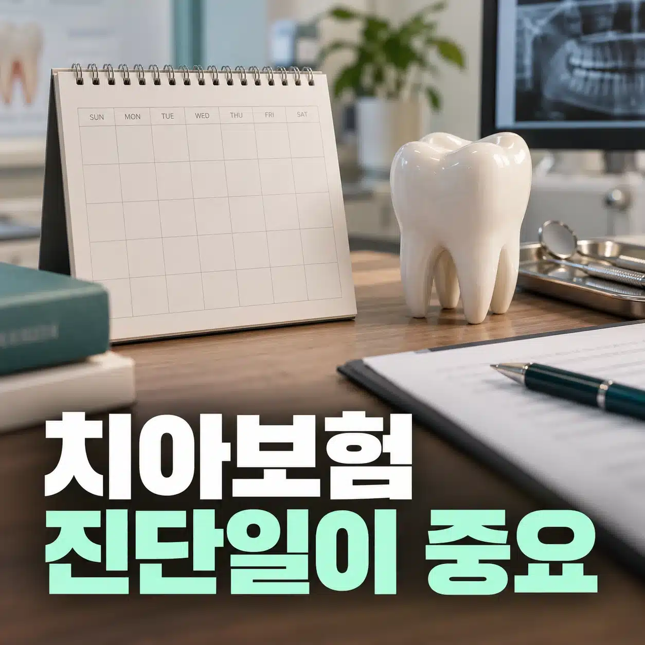 달력과 치아 모형이 놓인 책상
