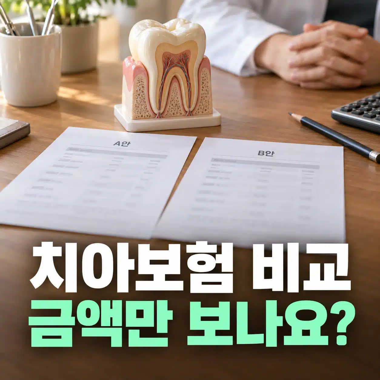 치아 모형과 두 장의 서류가 놓인 책상