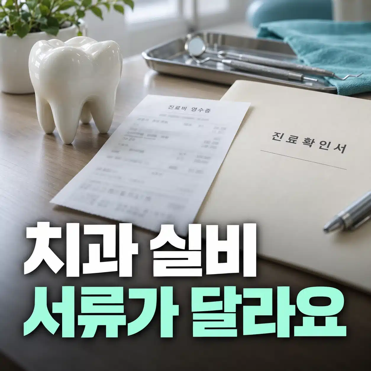 치아 모형과 여러 서류가 놓인 책상