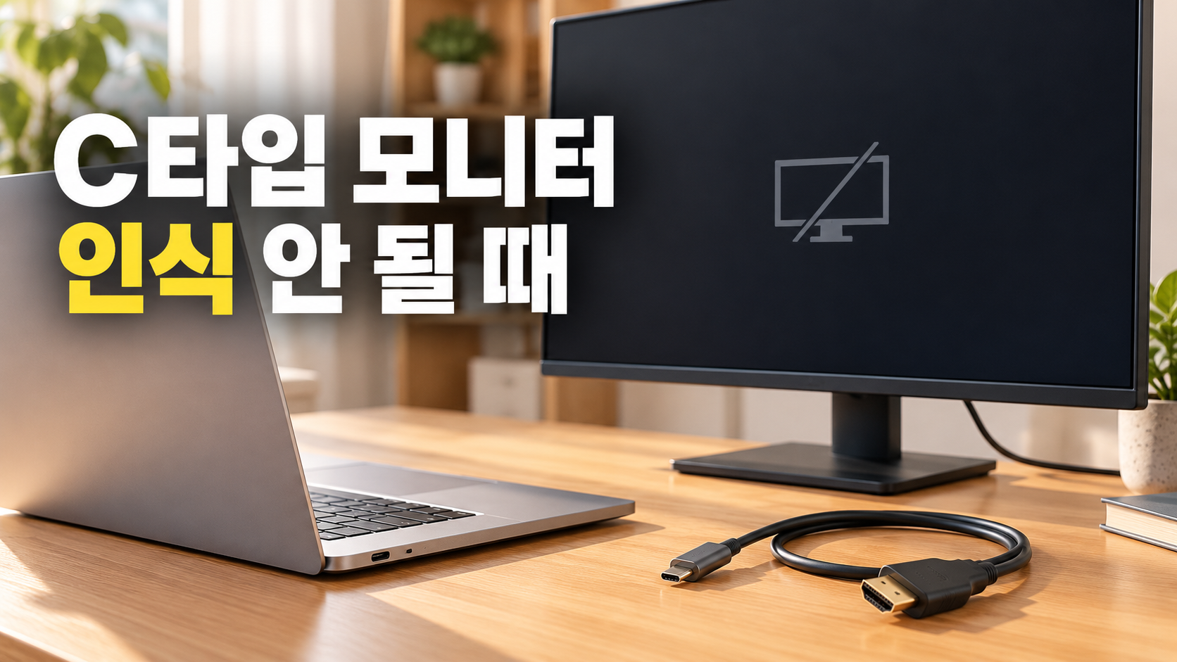 노트북과 외부 모니터, USB-C와 HDMI 단자가 있는 케이블